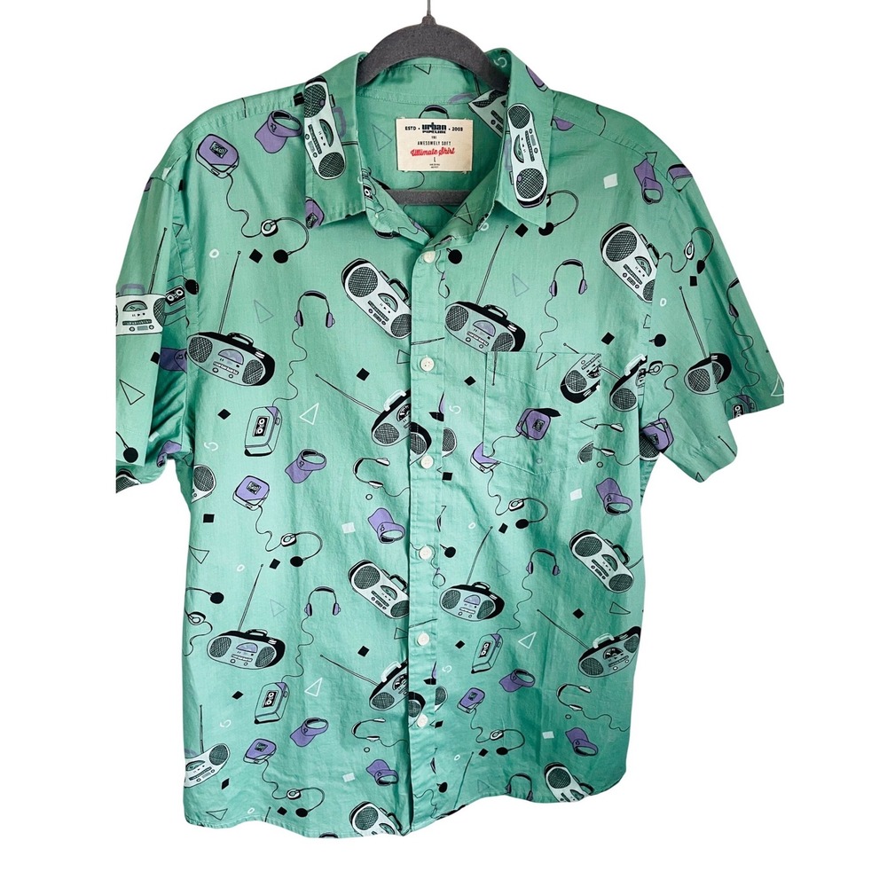 Urban Pipeline Mens Large Mint‎ Green Boombox Retro 90s Print Button Down Shirt